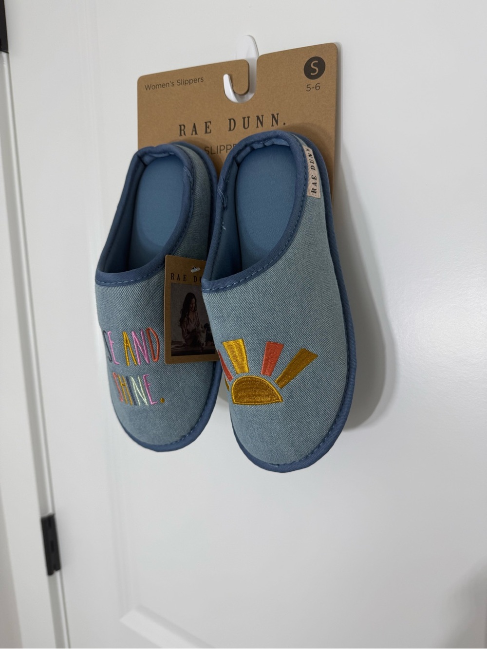Rae Dunn Women’s Blue Slip-On Slippers - 'Rise and Shine' Embroidered